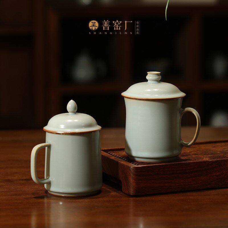 汝窑办公杯景德镇陶瓷杯带盖手工青瓷茶杯高端礼盒装送人办公水杯