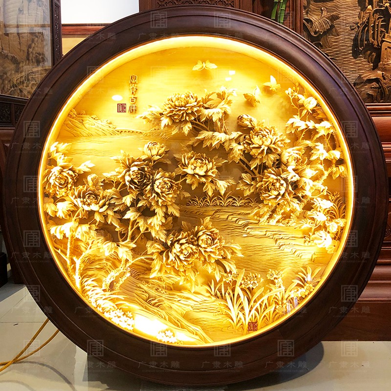 东阳木雕纯手工雕刻牡丹花圆盘挂件背景墙玄关壁挂富贵吉祥图定做