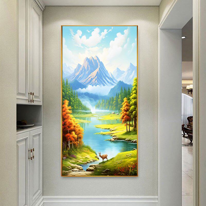 青山绿水挂画东西墙客厅玄关装饰画日照金山聚宝盆绿色风景背景图