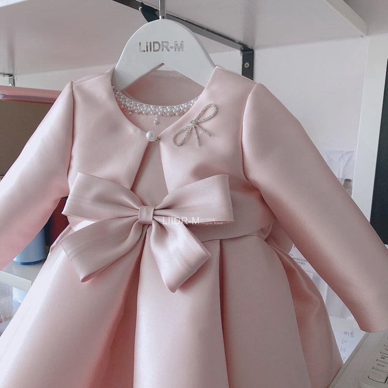 女童生日宴礼服裙公主裙秋长袖套装裙蓬蓬连衣裙主持钢琴粉色裙子