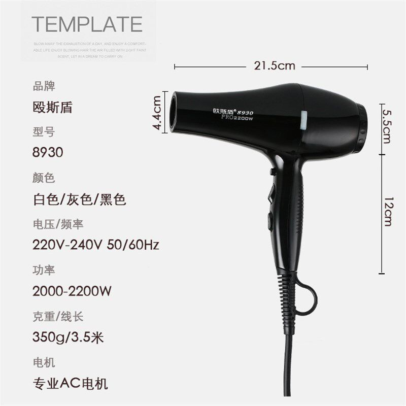 欧斯顿8930大功率2200w发廊造型风筒 超静音超耐用抗摔电吹风机