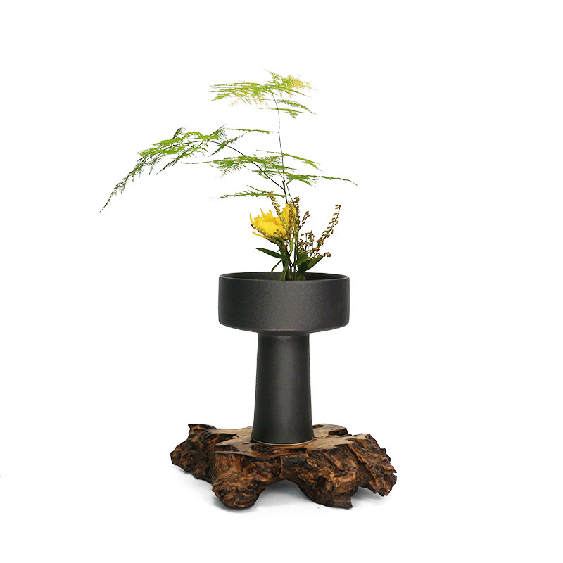 一皿磨砂黑高脚插花器皿花器小原流池坊日式禅意花道茶室酒店摆设