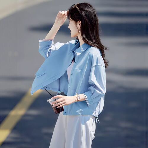 时尚翻领衬衫外套女春夏新款小个子短款减龄上衣洋气显瘦休闲衬衣