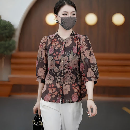 半袖碎花衬衫女士早秋雪纺衫上衣夏季新款中年妈妈装薄款遮肉衬衣