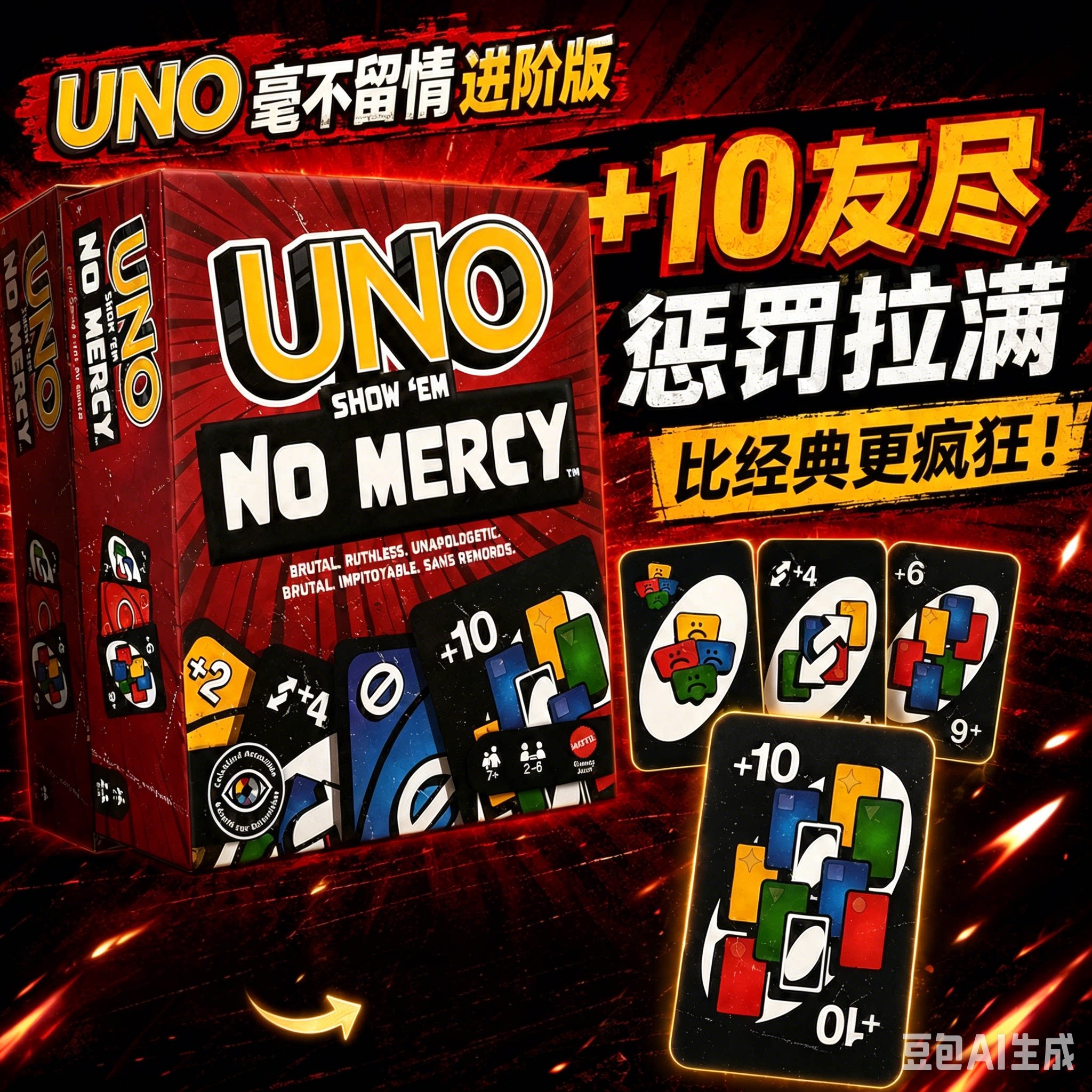 正版UNO纸牌绝不留情+10友情尽UNO卡牌聚会桌游毫不留情168张扑克 - 实物图