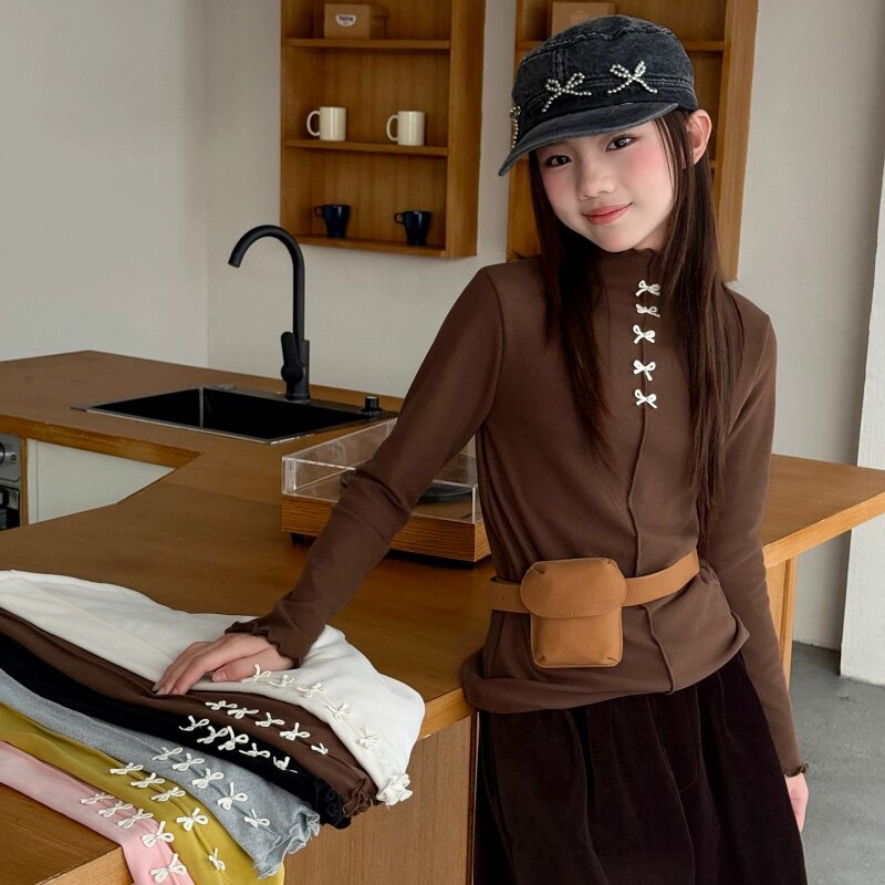 女童秋冬加厚木耳边长袖打底衫