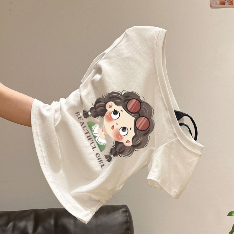 女童斜肩假两件字母T恤