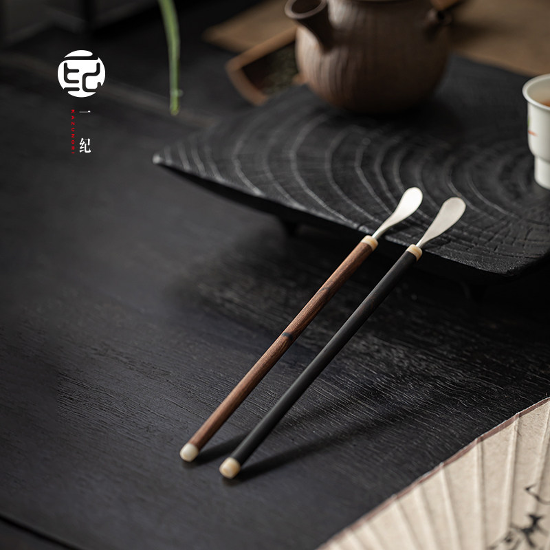 手工虎斑檀木银茶拨茶勺抹茶勺扒茶通茶针茶匙禅意茶道六君子配件