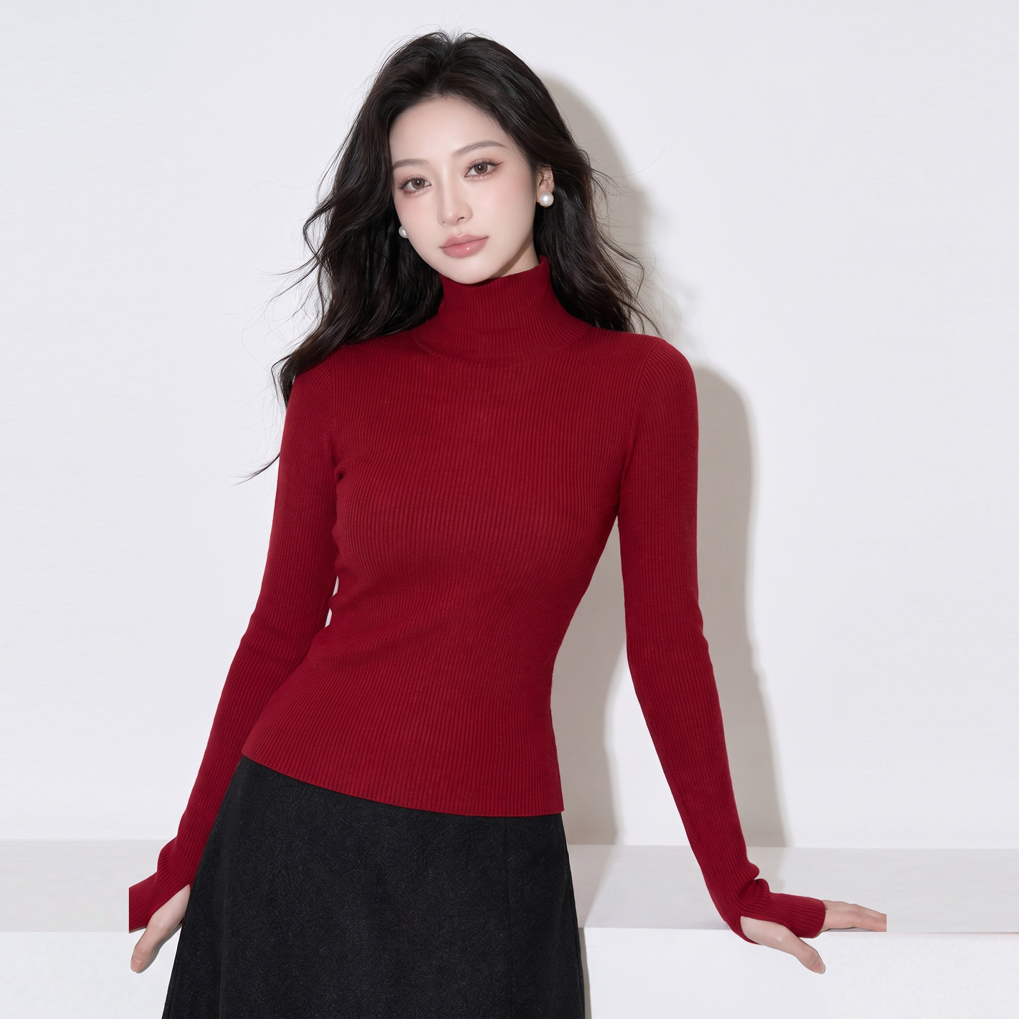 显白酒红色高领针织衫毛衣女秋冬圣诞新年修身显瘦打底衫内搭上衣