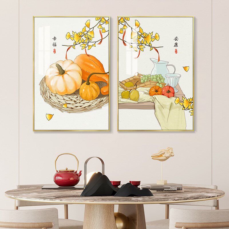 厨中式餐厅装饰画二联壁厅沙发背景墙挂画饭厅包厢新房寓意好客画