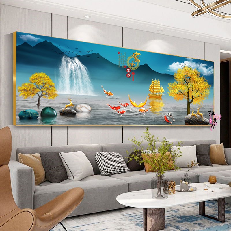 客厅装饰画高档大气单幅画招财挂画沙发背景墙壁画流水生财晶瓷画