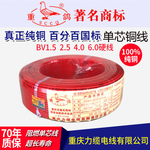 重鸽牌单电阻燃铜芯硬线标装电线国家100米BV1.5/2.5/4/6平方芯缆