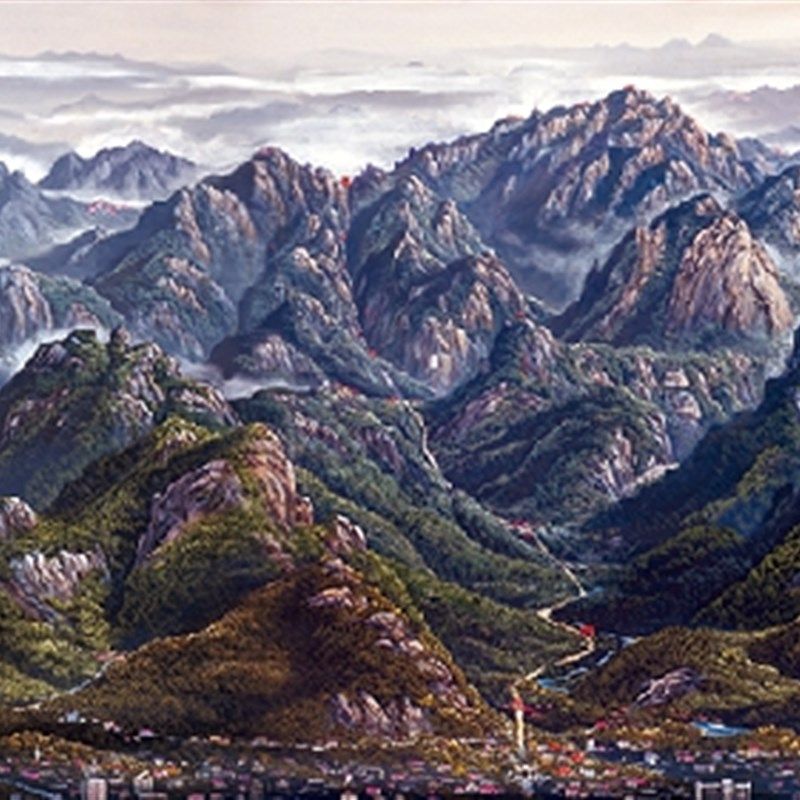 新横幅版式中壁泰山全景图精美高清景山无水墙华背有装饰背胶贴画