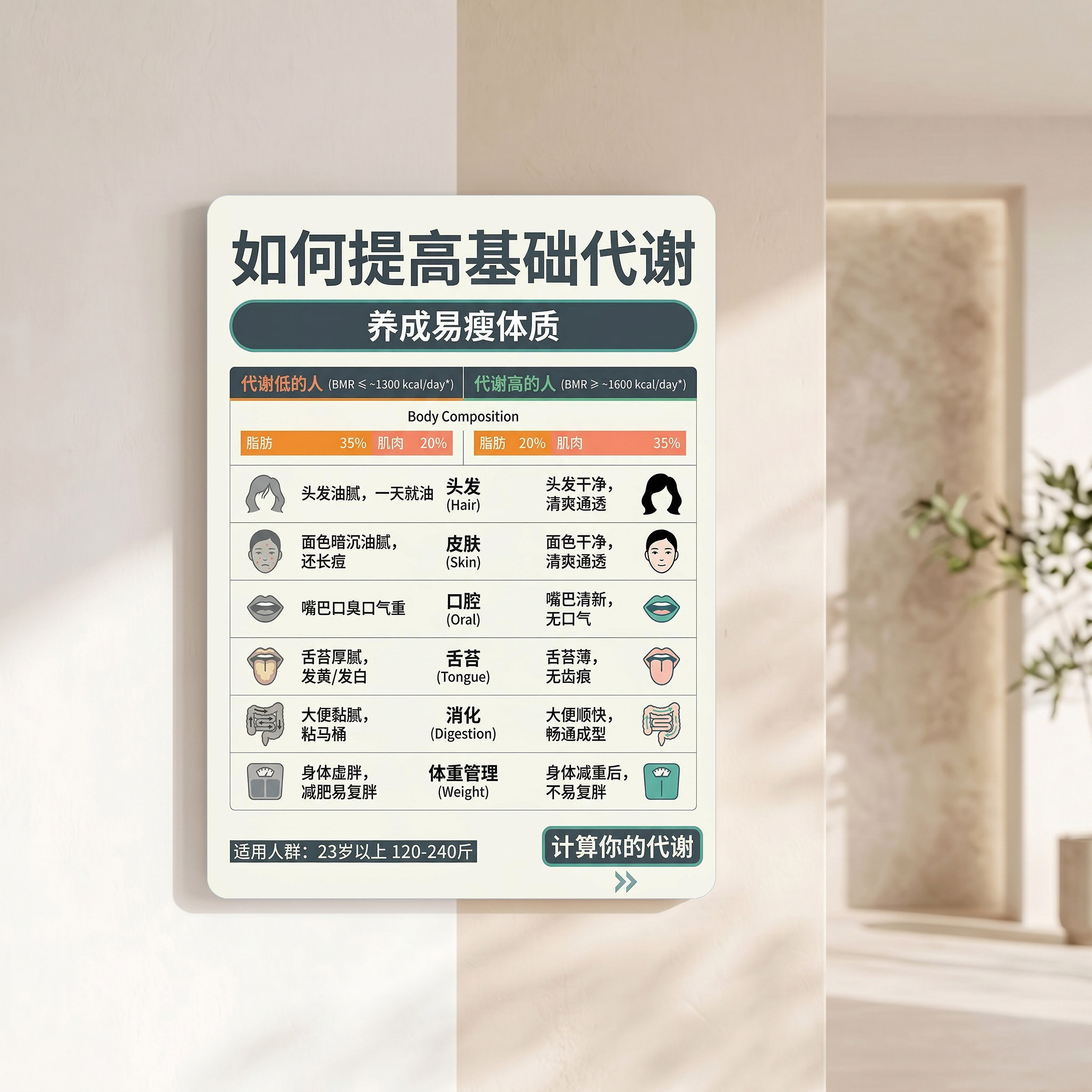 提高基础代谢科普海报美容院养生易瘦体质宣传挂画健康管理装饰画