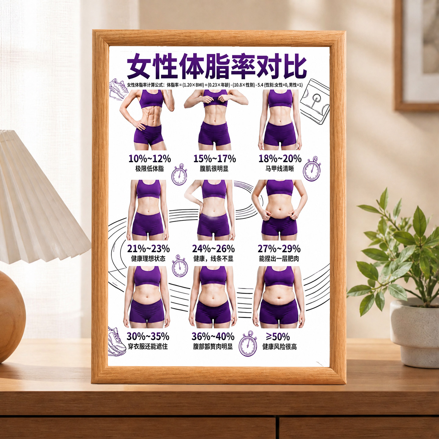 女性体脂率对比图相框健身减脂参相框/画框