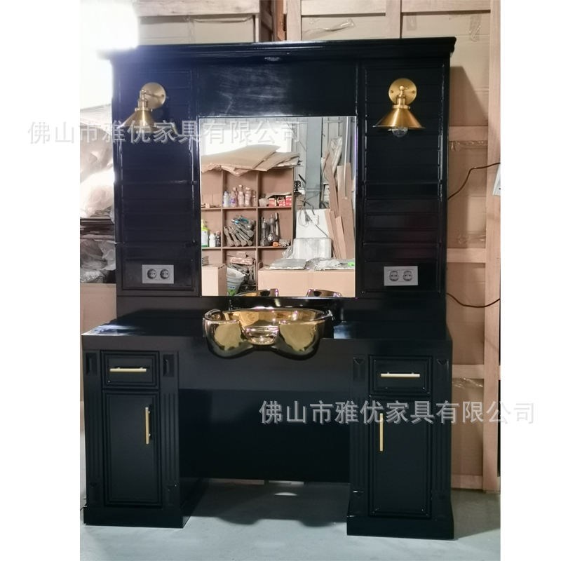 外贸欧美理发店镜子发s廊专用复古实木美发镜台柜一体带洗头盆