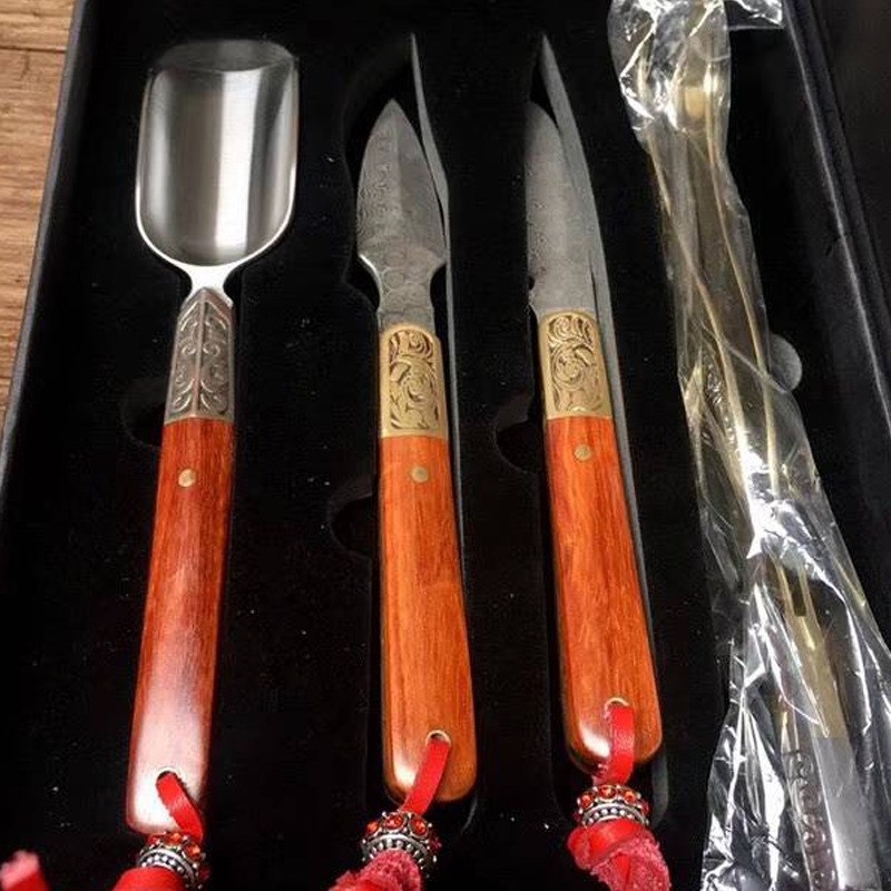 不锈钢花纹钢普洱茶刀小叶紫檀木普洱刀黑茶茶针茶道Y配件四件套
