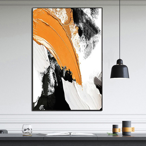 白-06手绘油画立体抽象黑6橙现饰画玄关背景墙装代客厅餐厅挂画