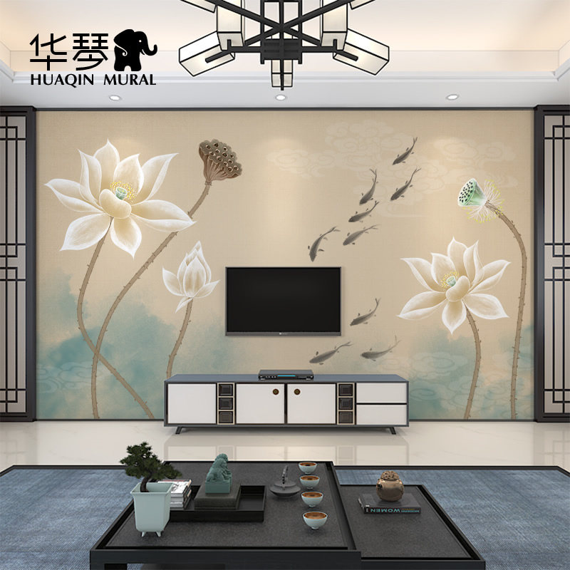 新墙式荷花墙景客厅沙发电视背纸中壁纸莲花壁画水墨九鱼图墙布