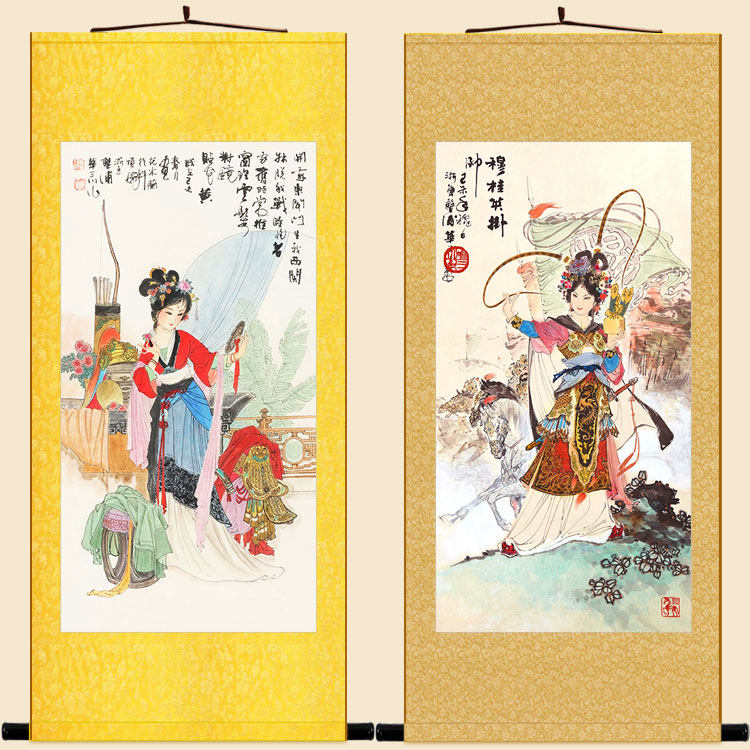 巾帼英雄女将人物画像 花木兰穆红英梁桂可卷轴挂画装饰画玉定制