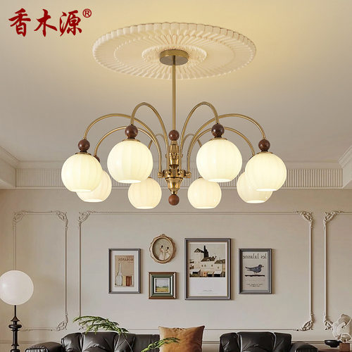 法式中古风客厅吊灯美式复古新款新中式胡桃木色大厅主灯卧室3620