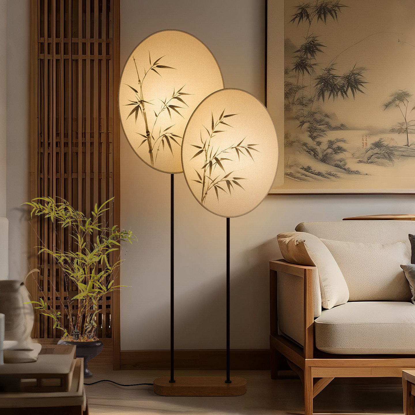 宋式美学东方家居设计师款竹叶布艺屏风落地灯客厅立式灯茶室布景