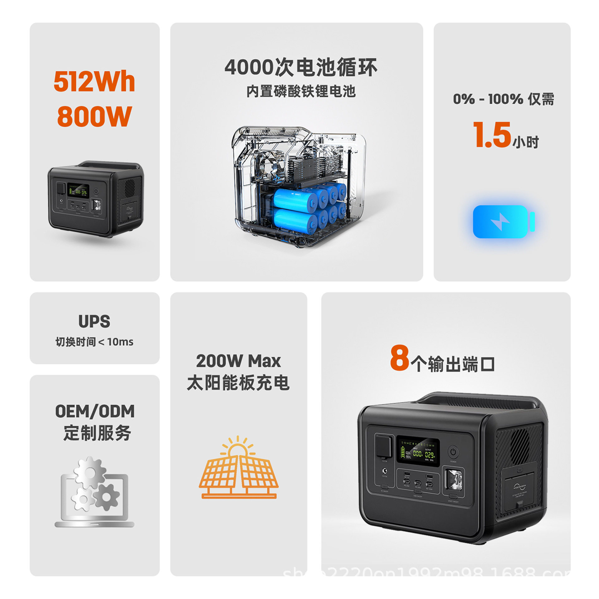 800W便携式户外储能电源 支持市电快充 支持车充及太阳能充电