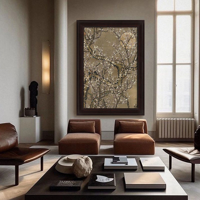 中古风复月上枝头客厅装饰u画植物美式手绘肌理油画抽象玄关墙挂