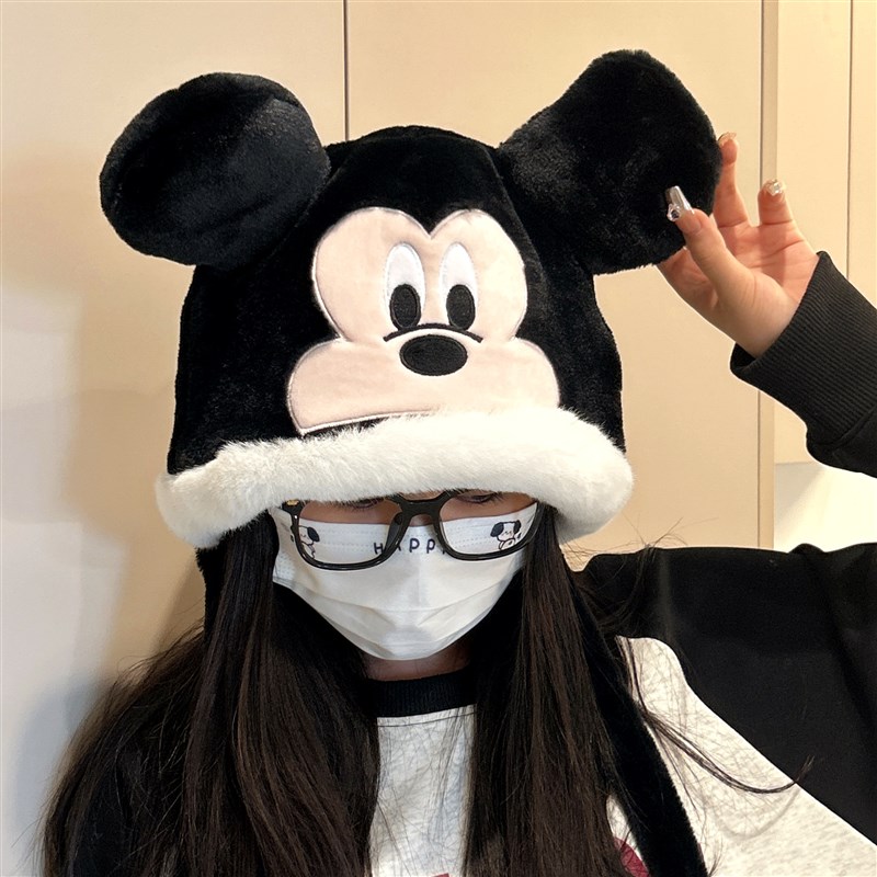 迪士尼卡通可爱米奇毛绒绒帽子女款2023新款秋冬季加绒保暖护耳帽