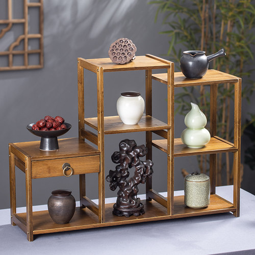 新中式博古架茶架子置物架实木客厅多宝阁桌面茶具茶叶收纳展示柜