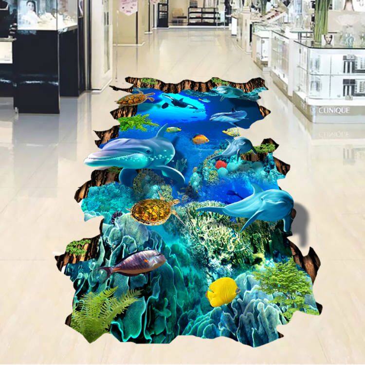 地面地纸海洋地板贴自粘防水耐磨3d立体仿真海底主题卧室贴饰装板
