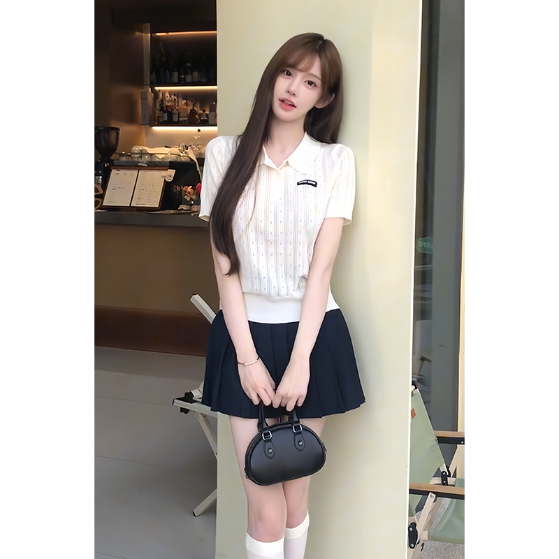韩系白色刺绣短袖针织衫女夏季小个子高腰显瘦百褶半身裙两件套装