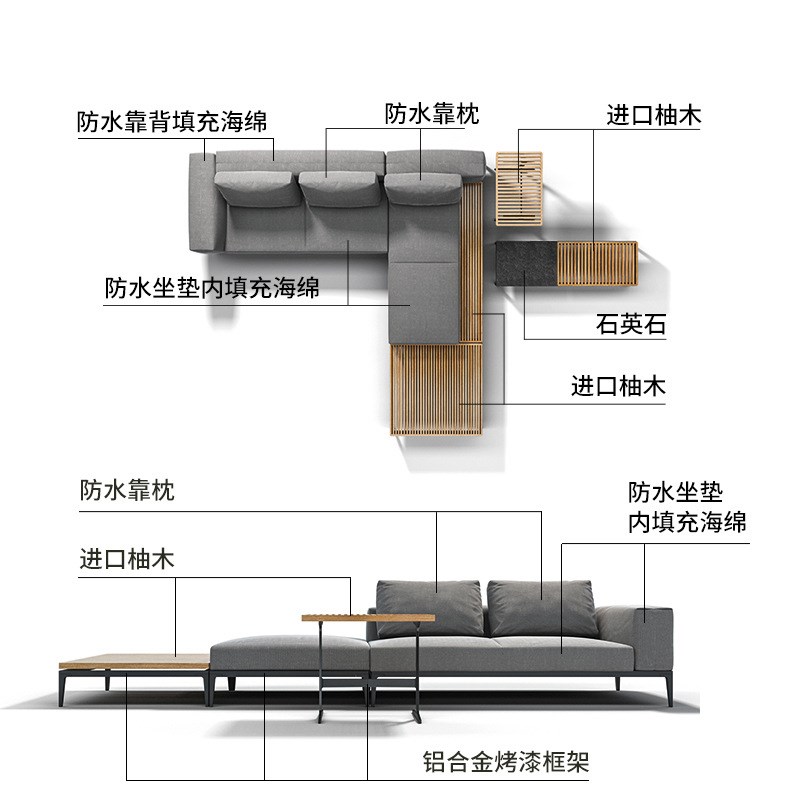 沃登 北欧户外i柚木沙发组合 室外别墅实木茶几防水扪布沙发家具