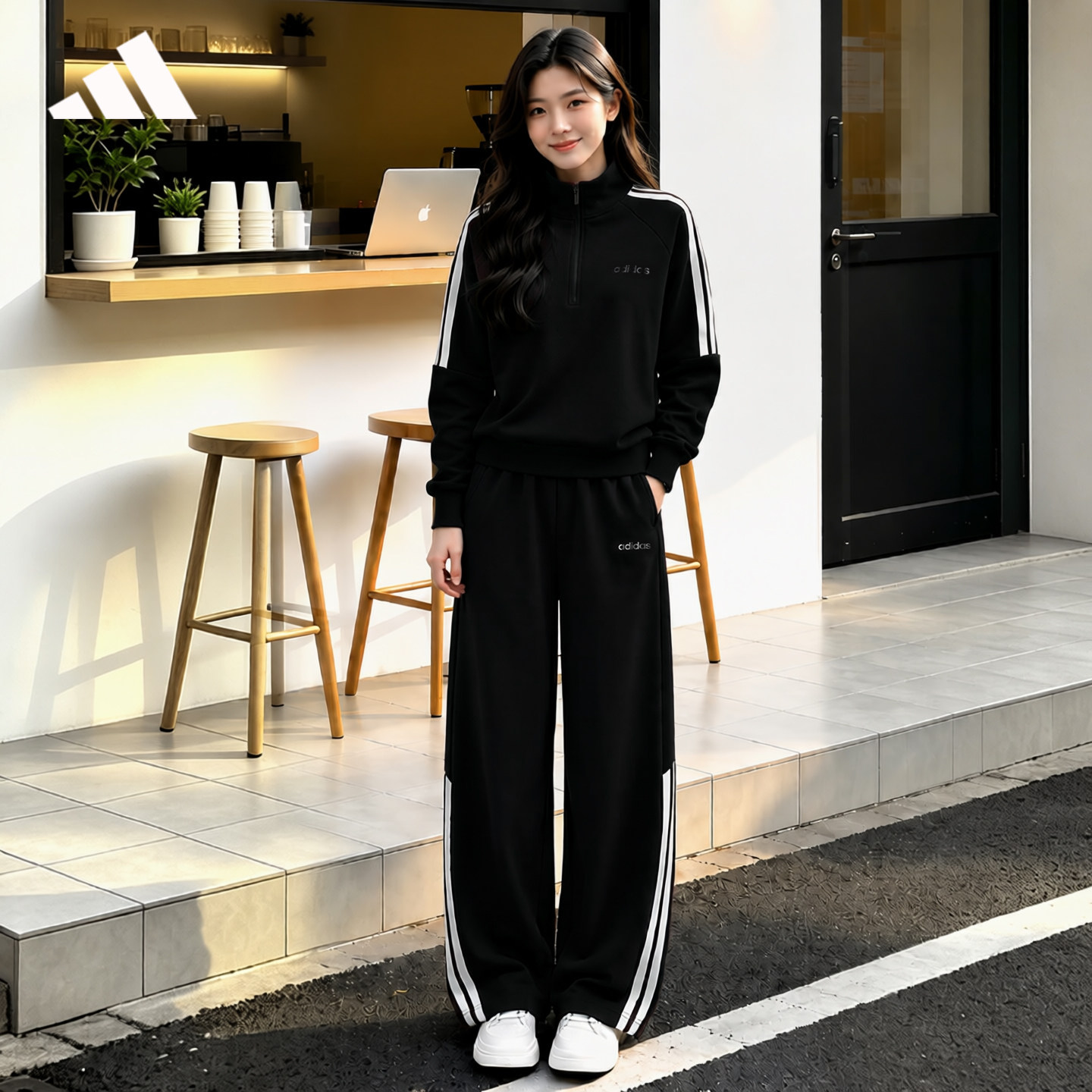 adidas阿迪达斯休闲运动服套装百搭三道杠女新款卫衣阔腿裤两件套