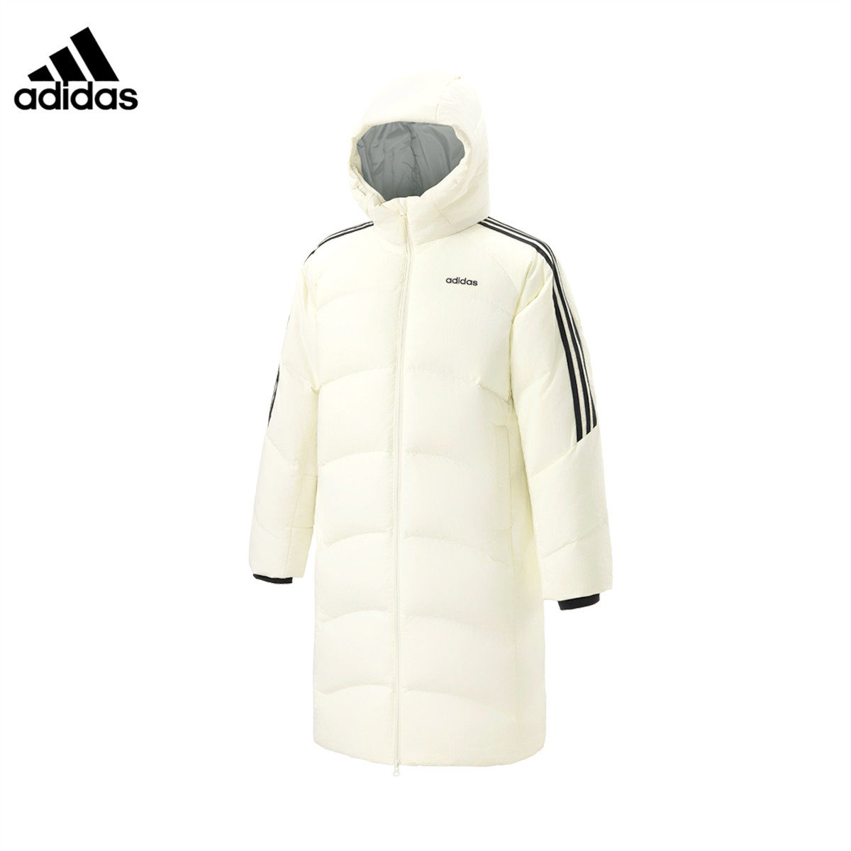 Adidas阿迪达斯长款羽绒服男新款连帽过膝三道杠鸭绒厚外套KX7264