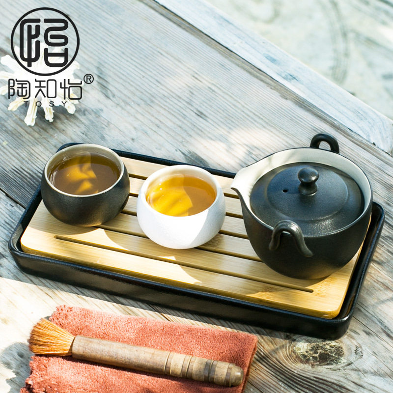 陶知怡复古石头釉粗陶盖碗手抓壶一壶两杯黑陶功夫干泡茶具快客杯