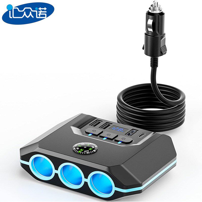 新款TR52车载点烟器一拖三带开关电烟显压4USB汽车点示器充电120W