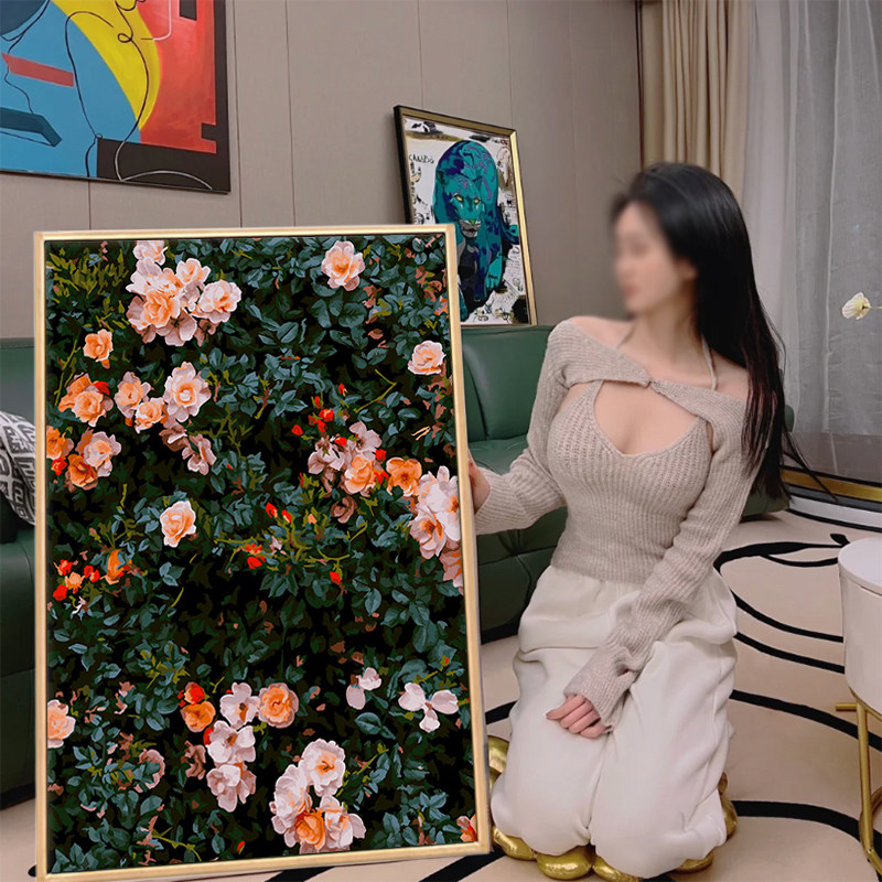 蔷薇花园数字油画玫瑰彩卉diy填充填装油花画丙烯手绘涂色色饰画