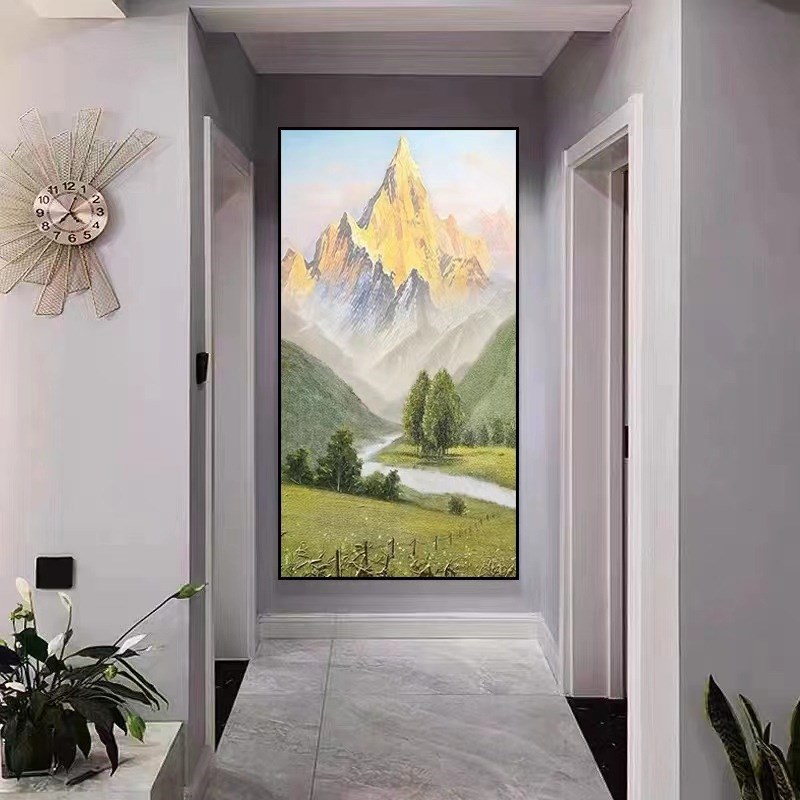 纯手绘日照金山风景n油画现代新中式田园客厅玄关竖款装饰画挂壁