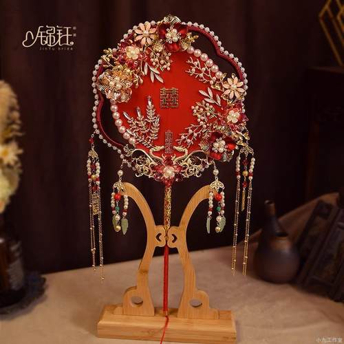 金色秀禾团扇结婚扇子新式团扇浅色中娘琉璃龙凤挂扇子手工古风秀