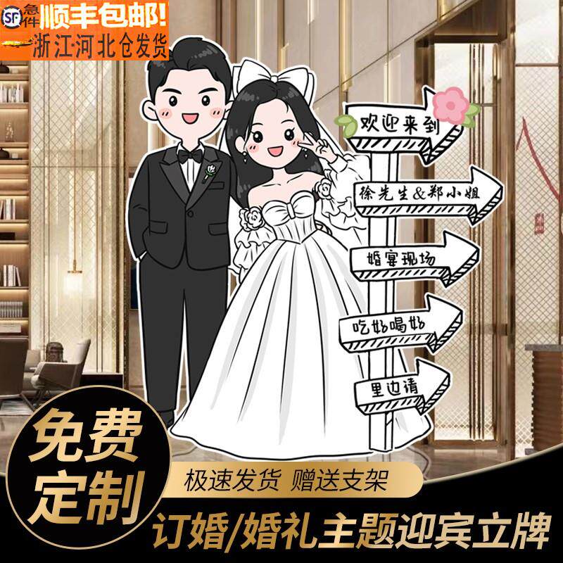 结婚人形立牌订婚礼门口指引卡牌路通迎宾牌海手kt板打印定制报绘