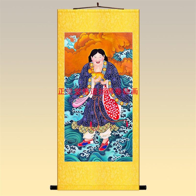 刘海戏金蟾卷轴挂画 神像画神话人物客厅书房装饰丝绸画绢布定制