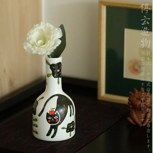 平安猫法式高级黑陶瓷可花瓶手绘小爱猫咪插花迁乔瓶婚房摆件装饰