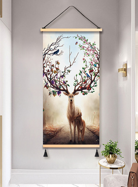 入户玄关装饰画寓意好布艺挂画走廊过道壁画背景墙画招财福鹿挂布