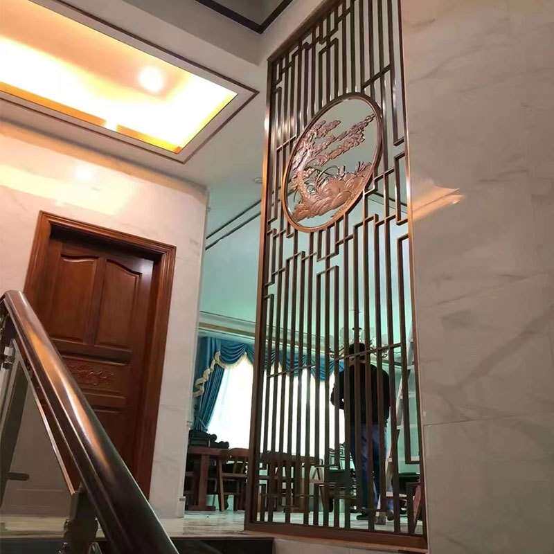 新中式入户花格不锈钢屏风玄关格栅客厅餐厅钛金色隔断来图来样