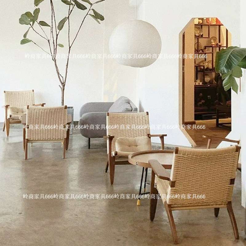 新中式奶茶店实木沙发椅咖啡厅桌椅组合酒店民宿洽谈休闲编绳躺椅