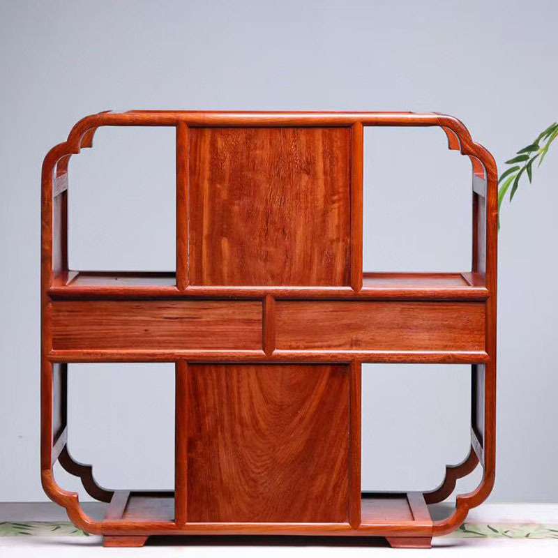 缅甸花梨全独板葵角双抽茶边柜中式茶具置物架实木桌面摆件展示架