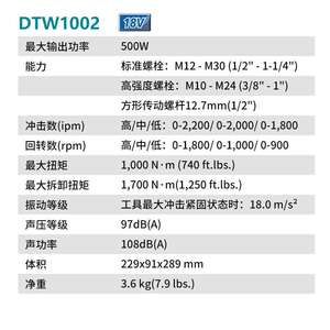 牧田（MAKITA）DTW1002RTJ充电式冲击电动扳手1000Nm18v5.0Ah两电