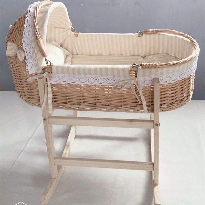 N5藤编c新生婴儿外出便携手提篮车载安抚哄娃睡篮宝宝床推车实木
