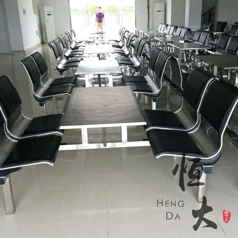 不锈钢餐桌 四人位长条食堂餐桌椅组合 学校员工餐桌.椅连体桌椅